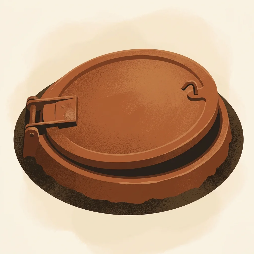 Close-up illustration of a hinged riser lid and its lifting hook over a septic tank.