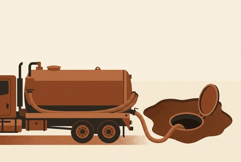 Illustration of a septic pump truck parked beside an open tank riser, with earth dug away around the lid.
